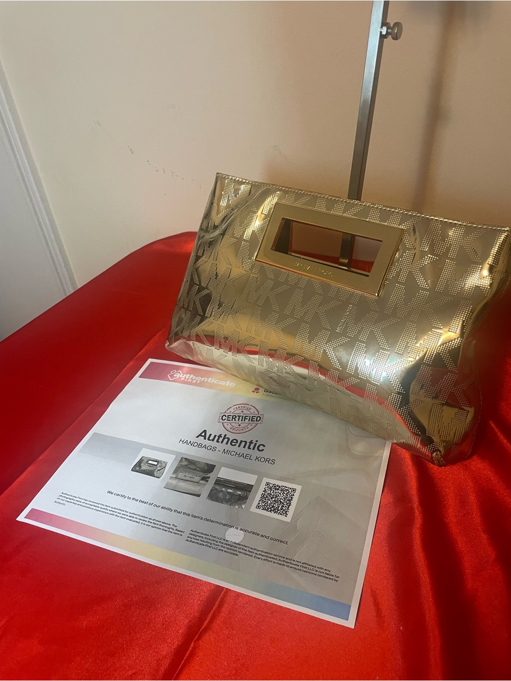 Michael Kors Gold Metallic Cutout Handle Clutch